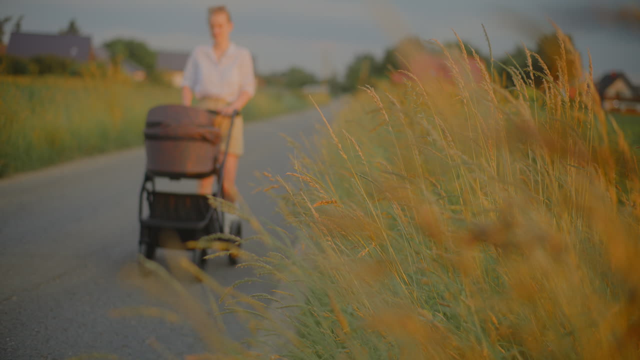 Woman Walking with Baby Stroller in Blooming Park