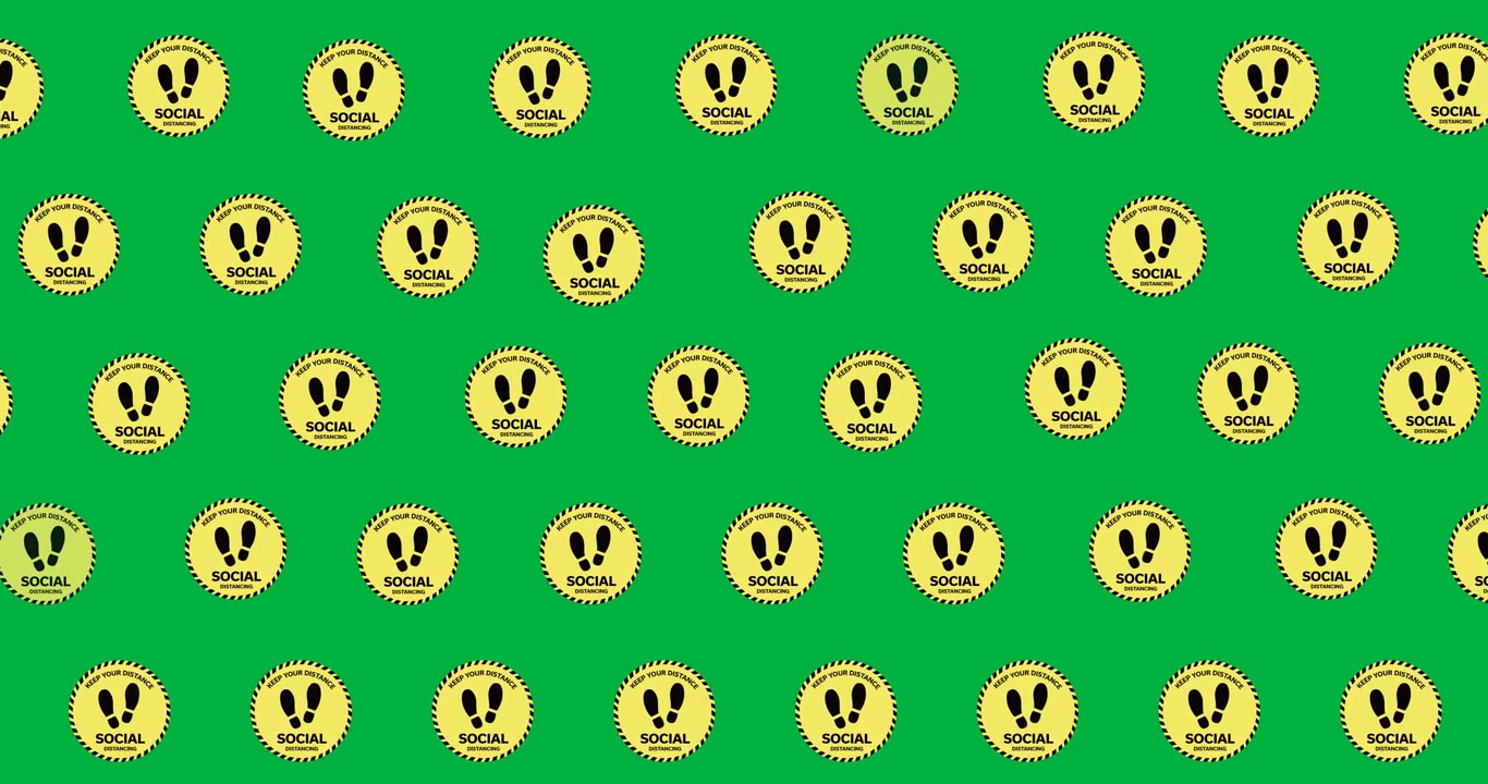 Digital animation of multiple social distancing symbol icons in seamless pattern on black background