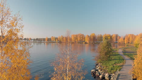 Enthüllung-Eines-Fußwegs-Mit-Einer-Kleinen-Brücke-In-Einer-Wunderschönen-Landschaft-Mit-Gelben-Bäumen-Im-Oktober-In-Der-Nähe-Eines-Ruhigen-Sees