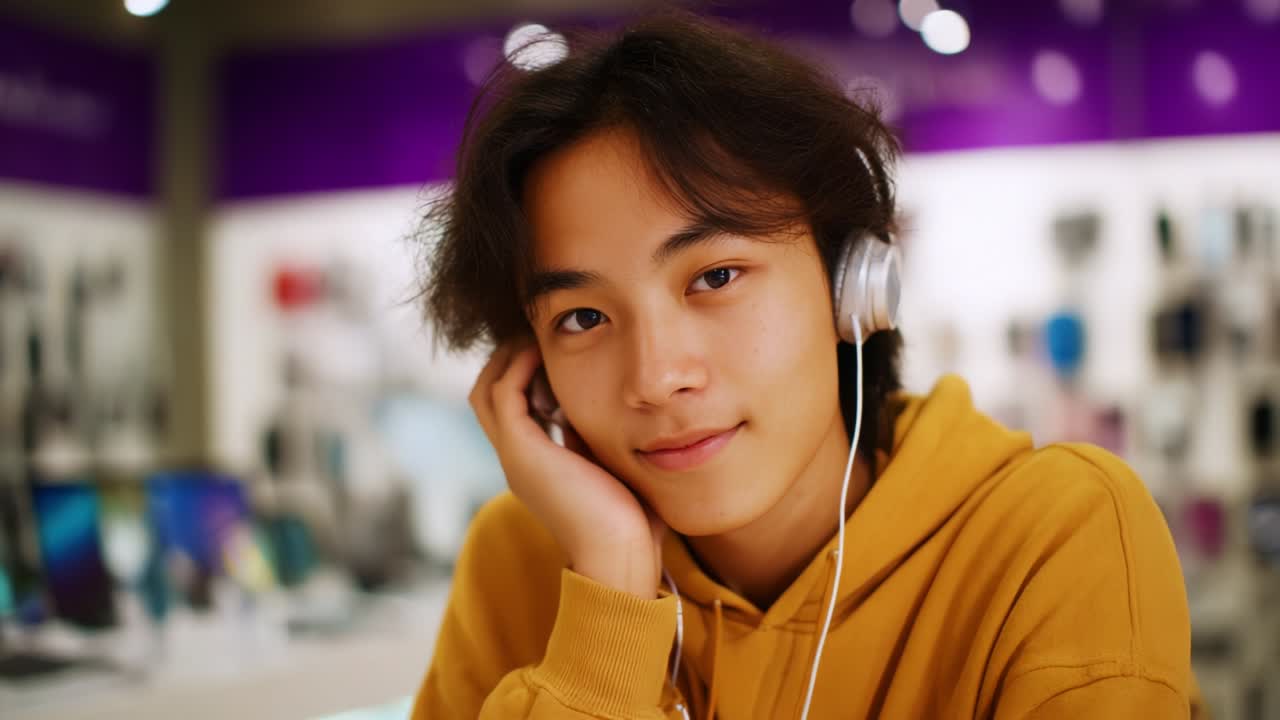 A Young Individual in a Bright Yellow Hoodie Enjoys Music with Headphones While Smiling in a Modern Retail Space Filled with Gadgets and Technology