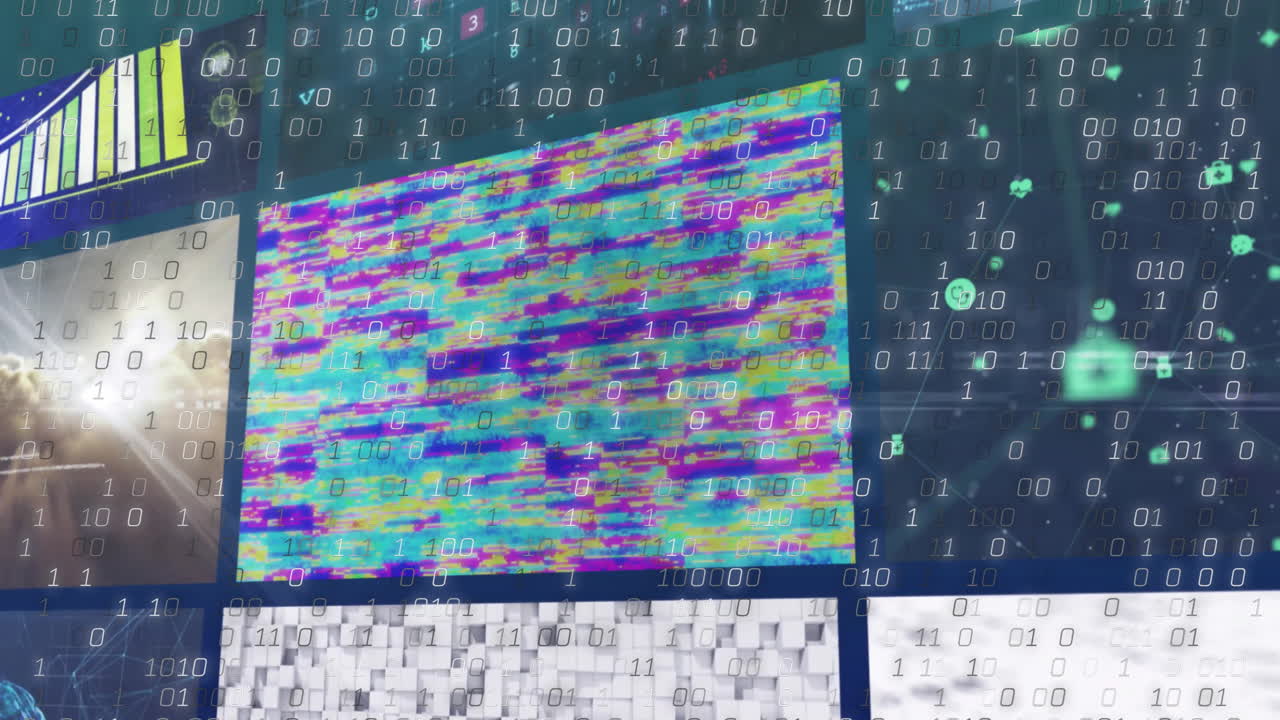 Overlaying binary code, colorful digital patterns creating animation on abstract background