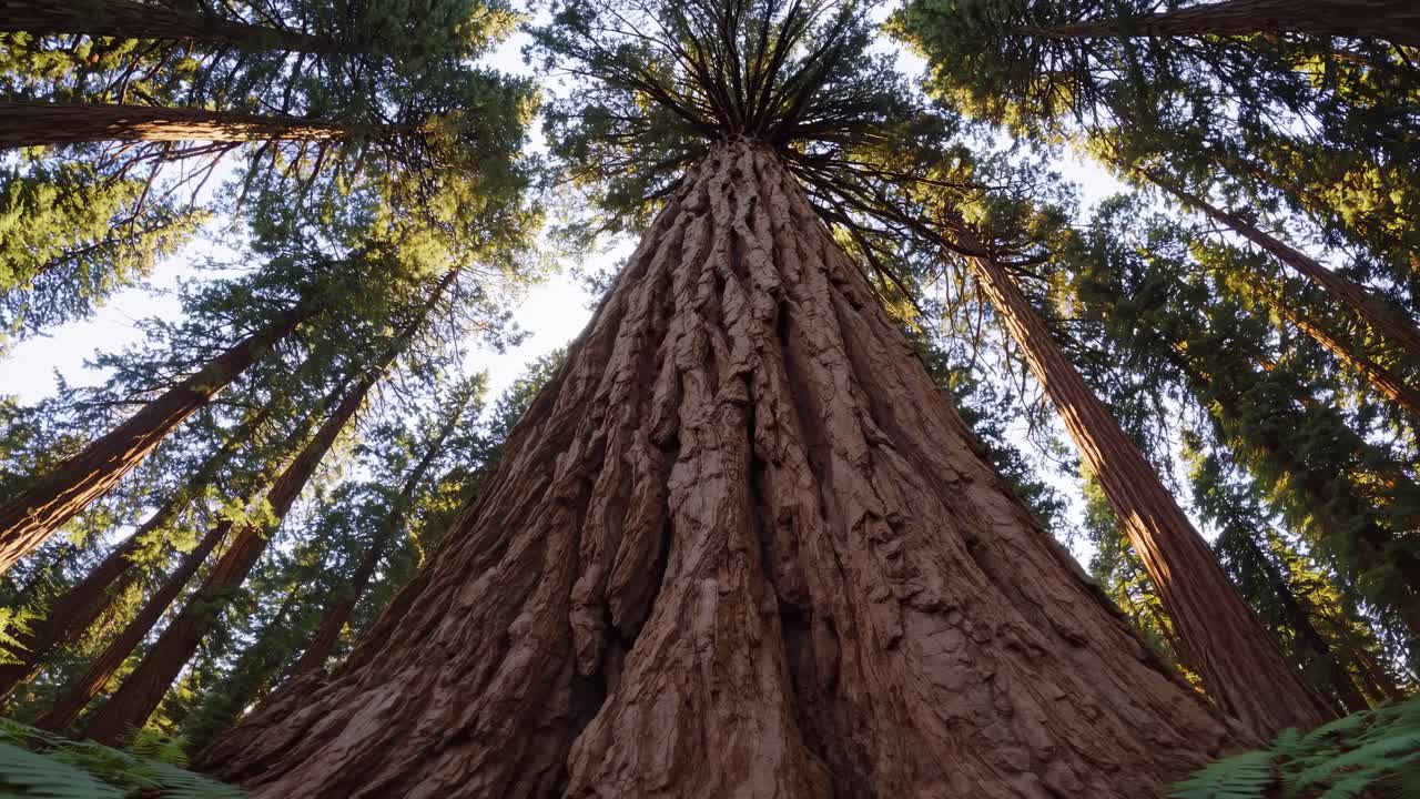 Un video ripreso dal basso cattura sequoie imponenti in una foresta lussureggiante, evidenziandone la maestosità.