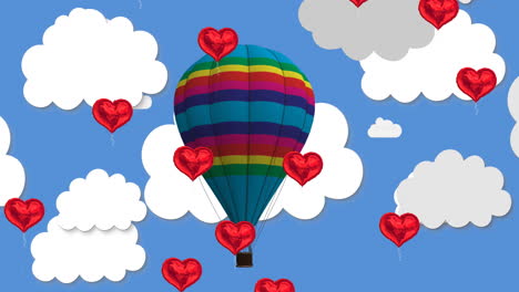 múltiples globos en forma de corazón flotando contra un globo de aire caliente en el cielo azul