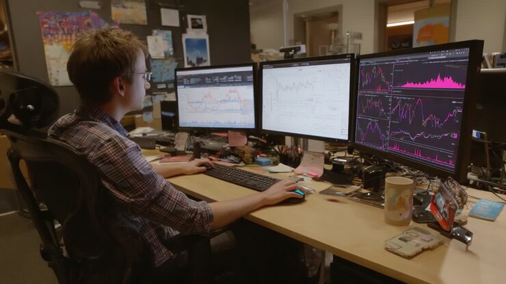 Analyse af datatrends og markedsanalyser på flere skærme i et kontormiljø, som en ung professionel, der er dybt engageret i teknisk arbejde med komplekse diagrammer