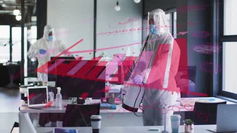 animation of covid 19 cells floating and statistics over people disinfecting office in ppe suits