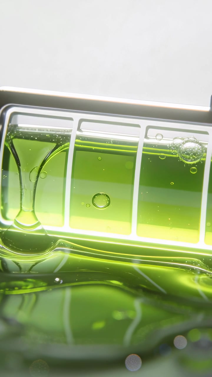 Video vertical: Inclinando un nivel de burbuja que hace que el líquido verde ondule y forme una cadena de burbujas sobre la mesa.