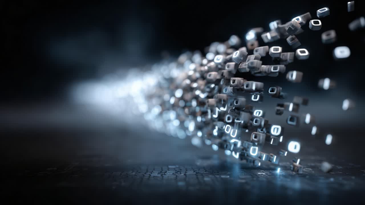 Dynamic Flow of Digital Elements: A Captivating Visual Journey Through Streaming Light and Motion with Evolving Data Shapes and Patterns in an Abstract Space