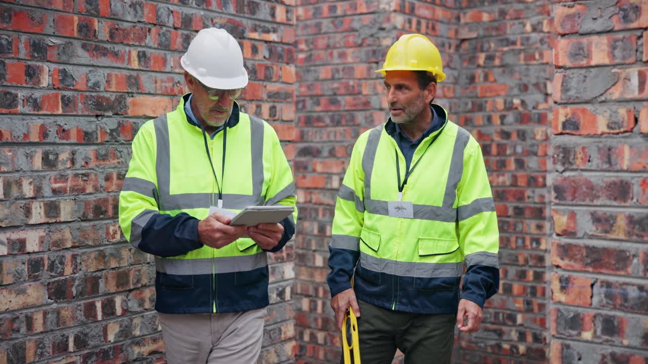 Construction workers inspecting a brick wall at a construction site