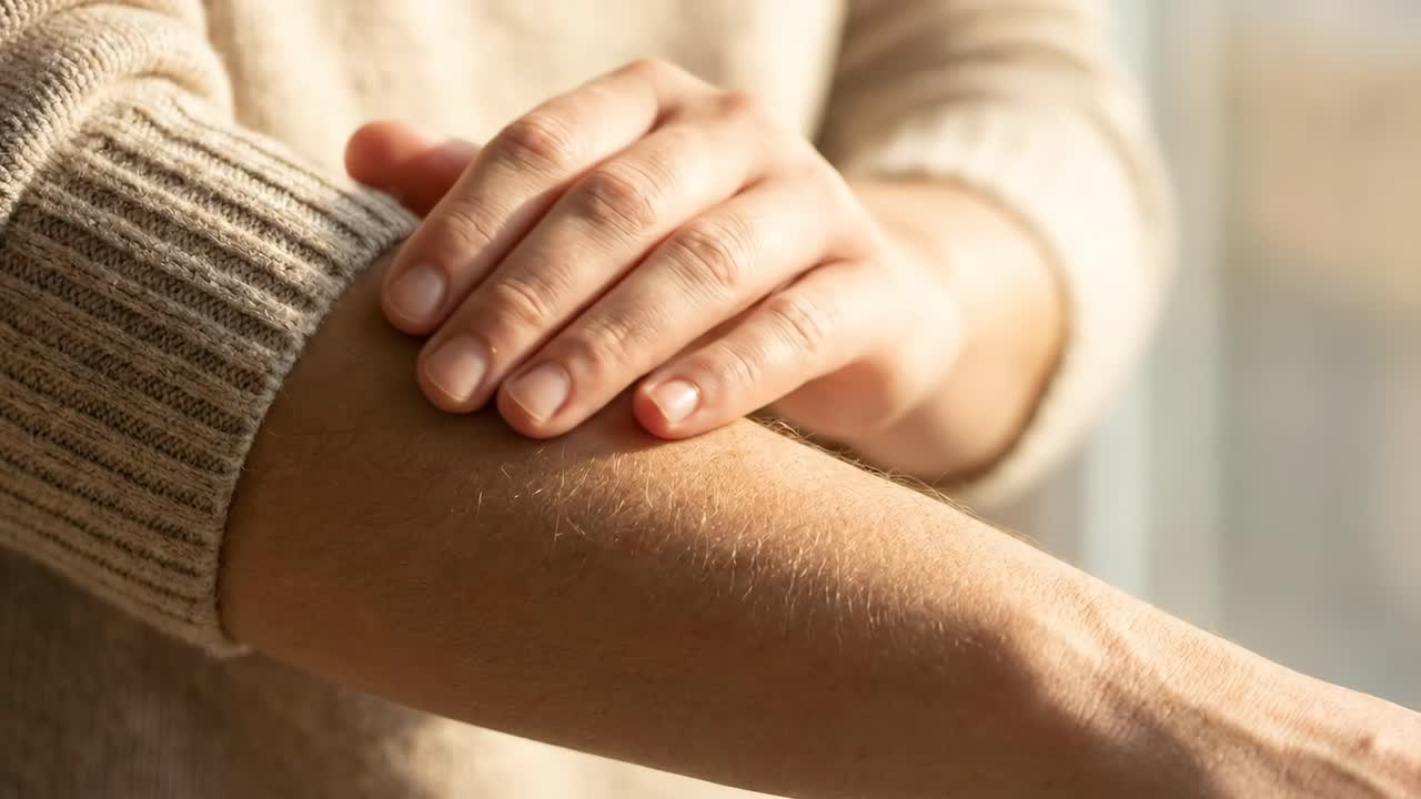 Close-up of Person's Arm with Goosebumps as Hand Rubs Skin