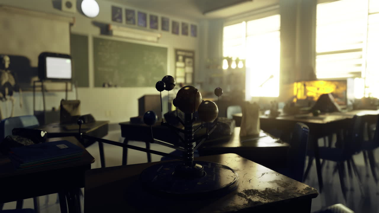 Bright classroom setup featuring a molecular model in focus during school hours