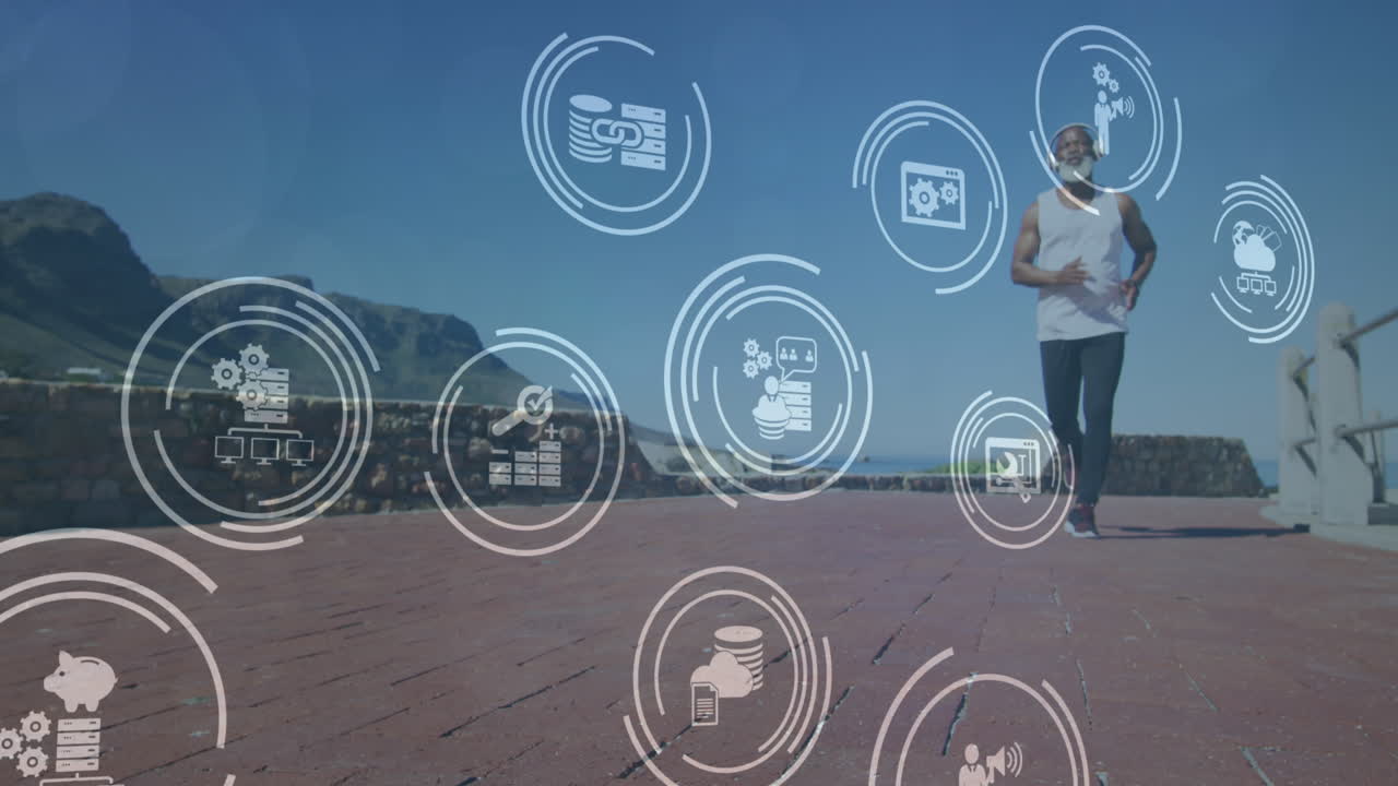 해변에서 달리는 노인 아프리카계 미국인 남성 위의 미디어 아이콘의 애니메이션