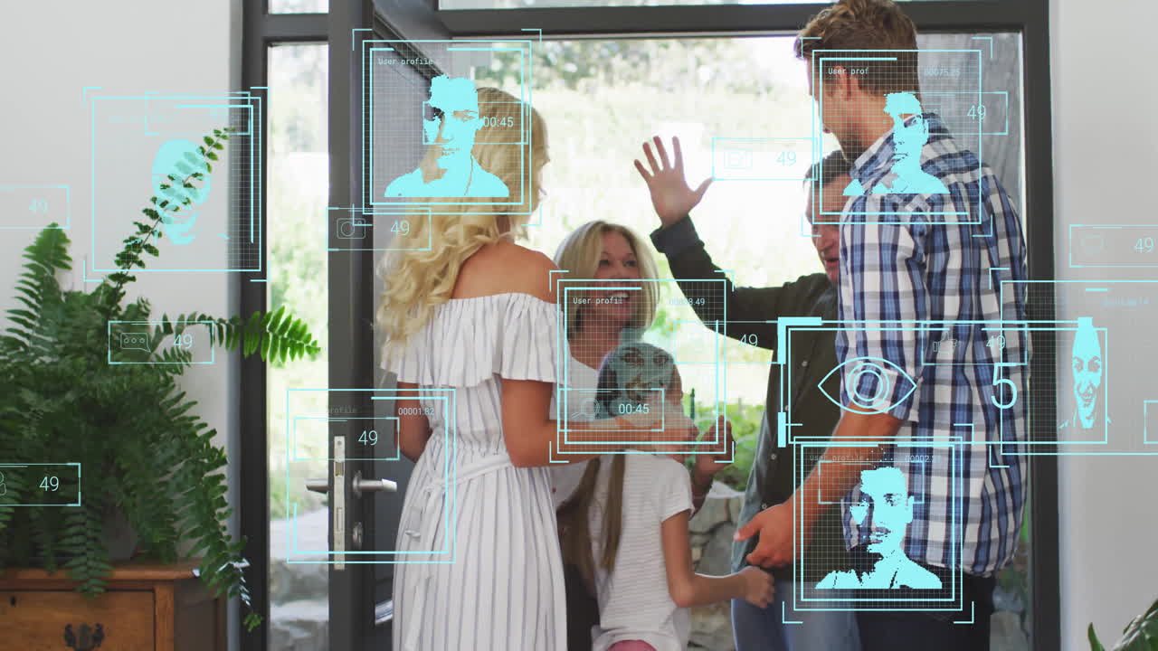 Multigenerational family greeting at modern home entry, showcasing facial recognition tech overlays