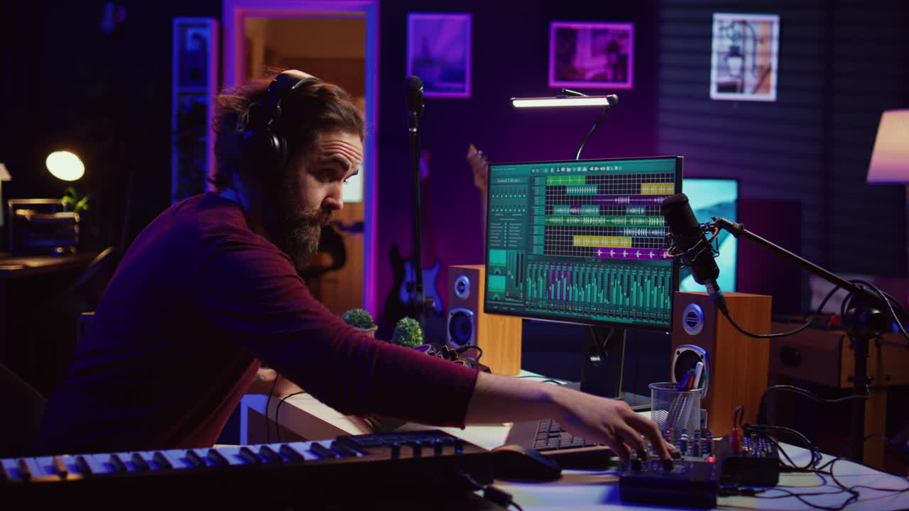 productor de música editando y mezclando pistas de audio en el software daw