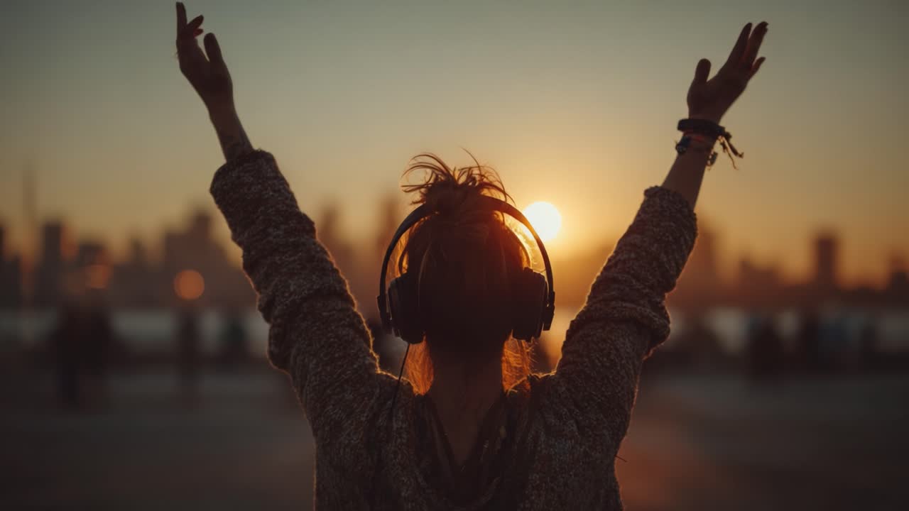 A Joyous Celebration of Life and Music: A Person with Headphones Embraces a Beautiful Sunset Against a City Skyline, Raising Their Arms in Exuberance and Freedom