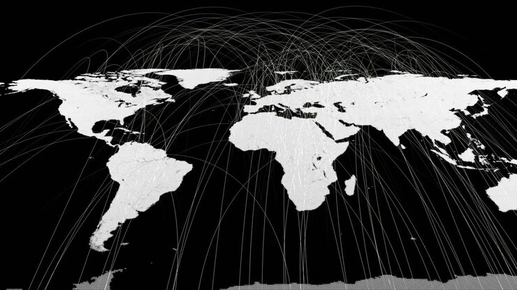 Animated world map displays business network trading data connections