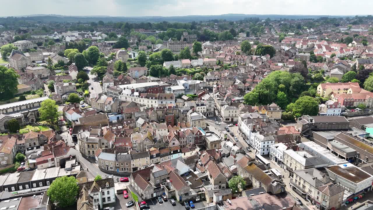 Descending drone,aerial Frome town centre in Somerset UK