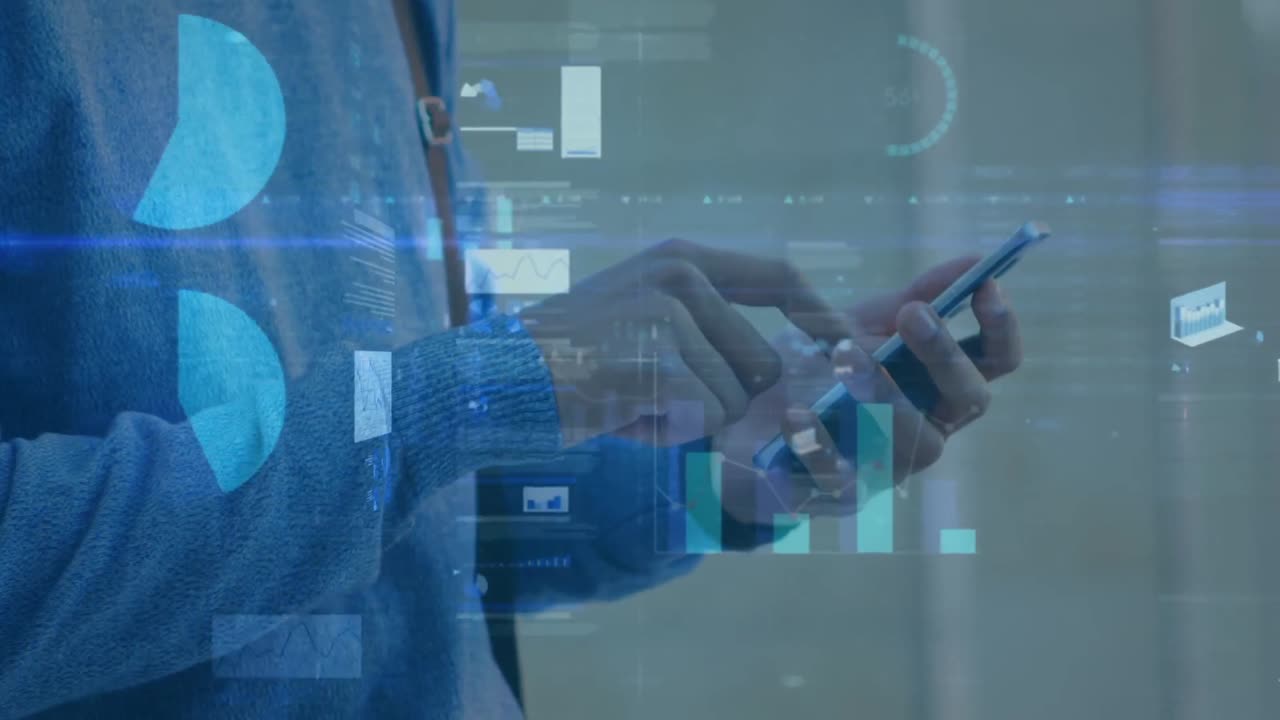 Animation of financial data processing over biracial businessman using smartphone