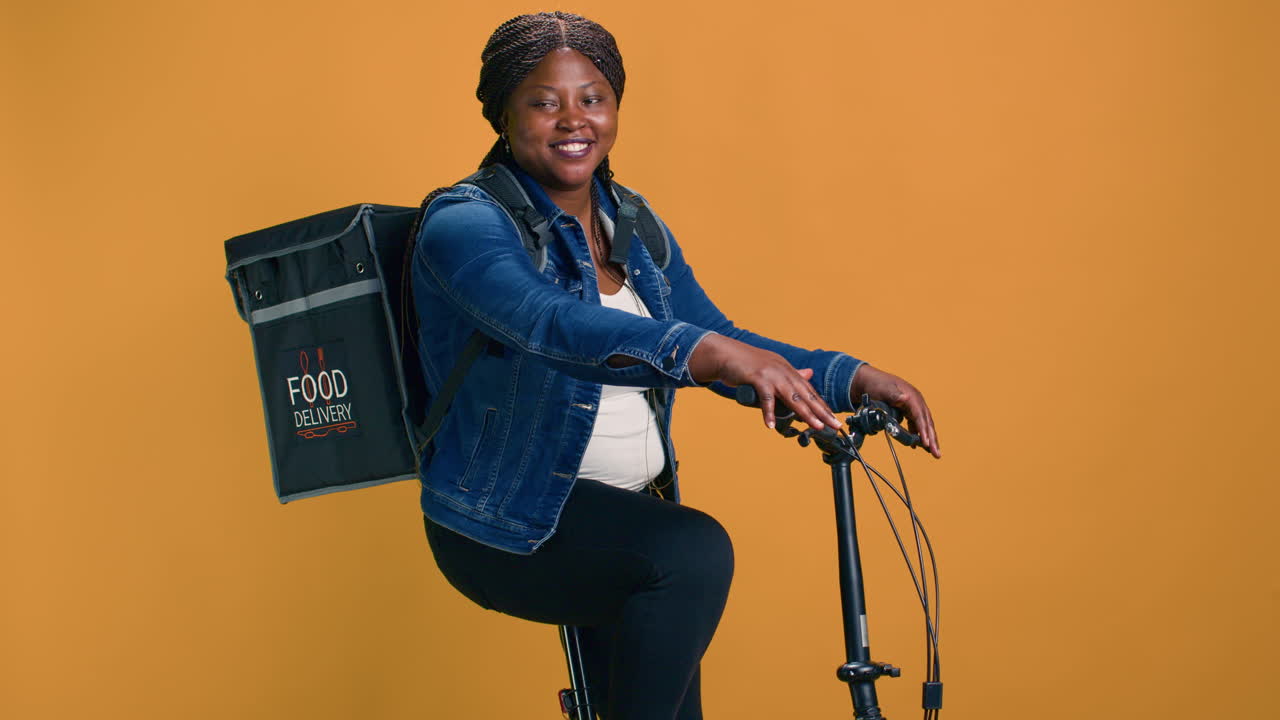 Woman Delivers Food With Bag On Bicycle
