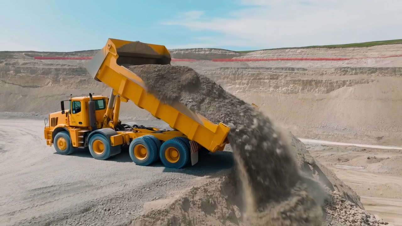 Dumper giallo che scarica ghiaia in una cava a cielo aperto, l'aggregato che scende a cascata crea un cumulo polveroso, macchinario pesante.