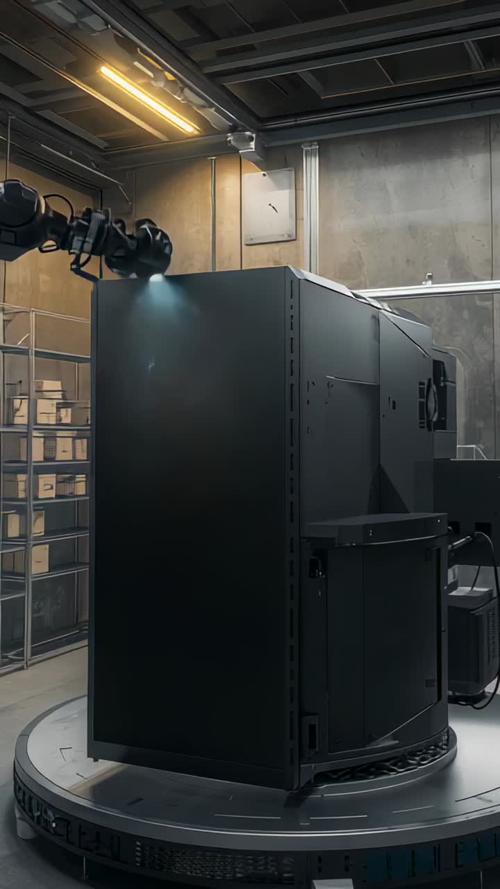 Vertical video: Firing signal causing robotic arm hitting black cabinet in lab, sending blue sparks