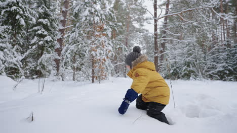 a boy in a yellow jacket walks through deep snow studying the winter forest winter walks and through the snow forest in slow motion. the concept of a free environment for children