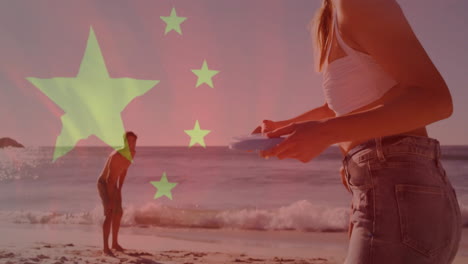 enjoying beach activities, people with chinese flag animation in background