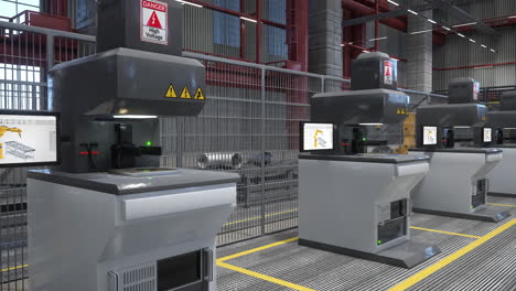 rows of high voltage machines in warehouse respecting safety measures, 3d render