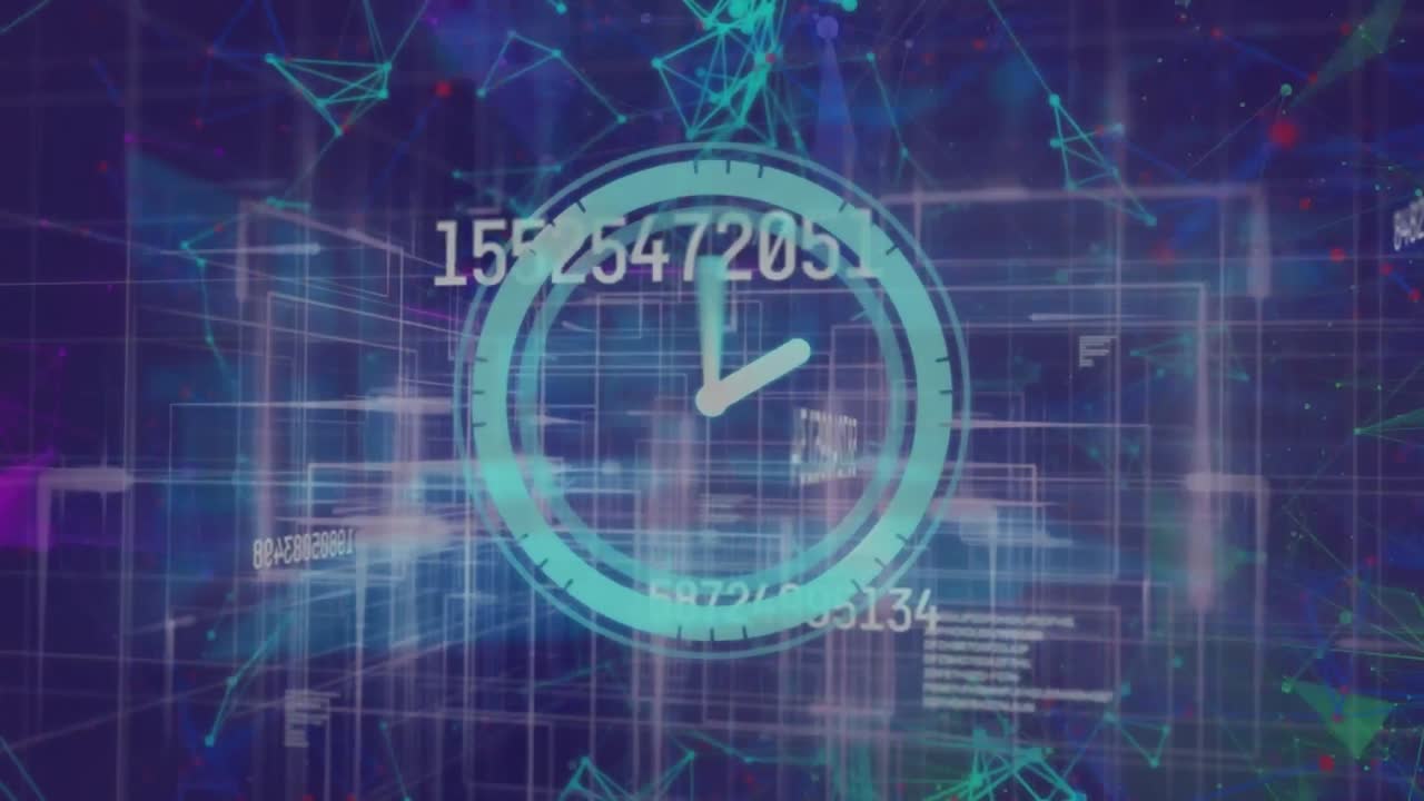 Animation of neon ticking clock and changing numbers over plexus networks and light trails