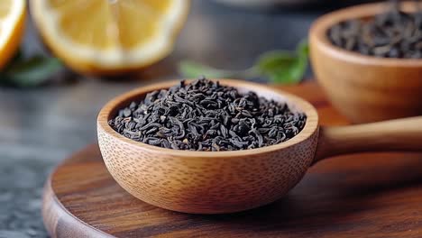 black tea in a wooden bowl