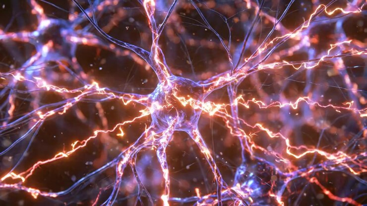 Active Neurons Sending Glowing Signals Through a Dense Neural Network Visualization
