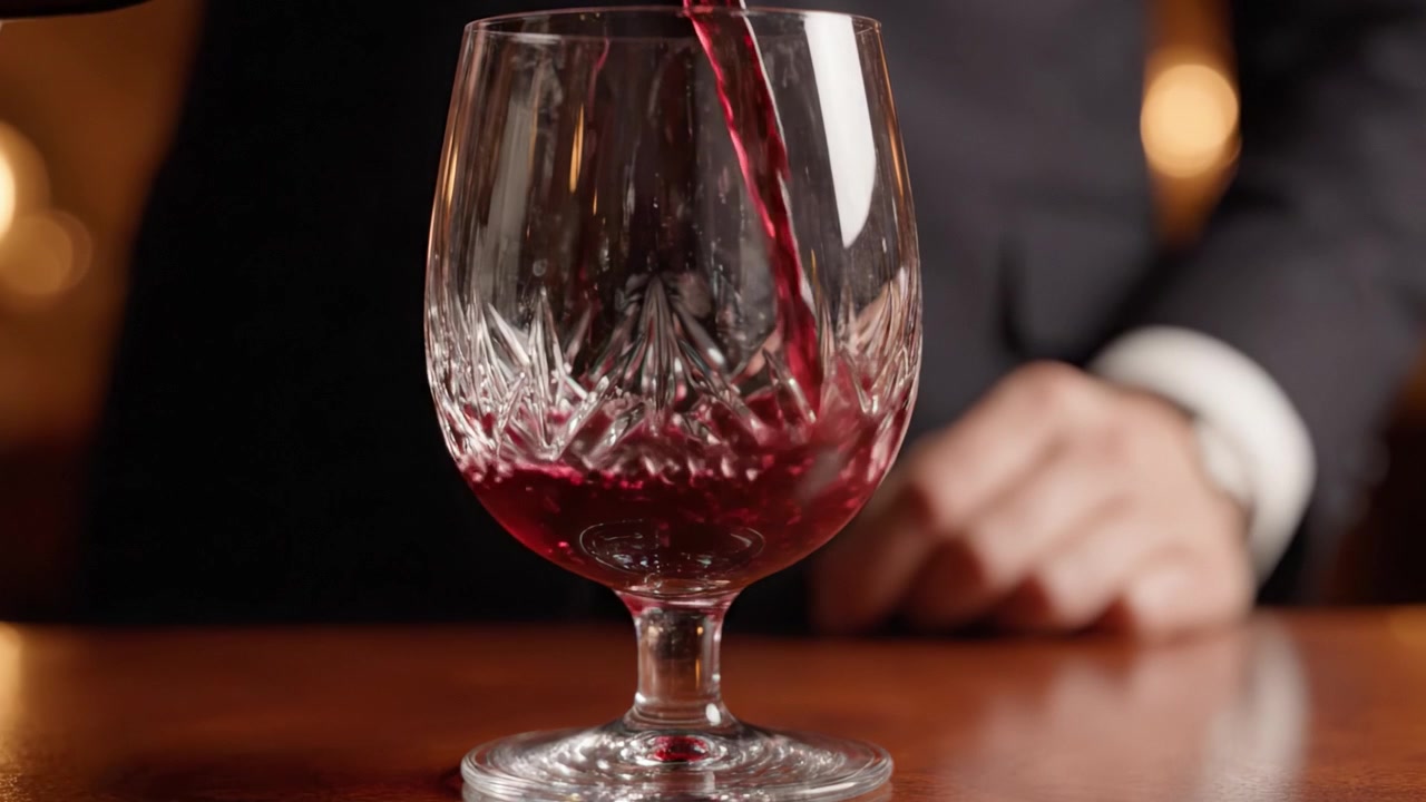 Un'elegante mescita di ottimo vino rosso in un bicchiere di cristallo, che cattura l'arte delle abilità del sommelier e la ricchezza dell'esperienza della bevanda.