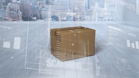 digital interface with data processing over delivery box on wooden surface against cityscape