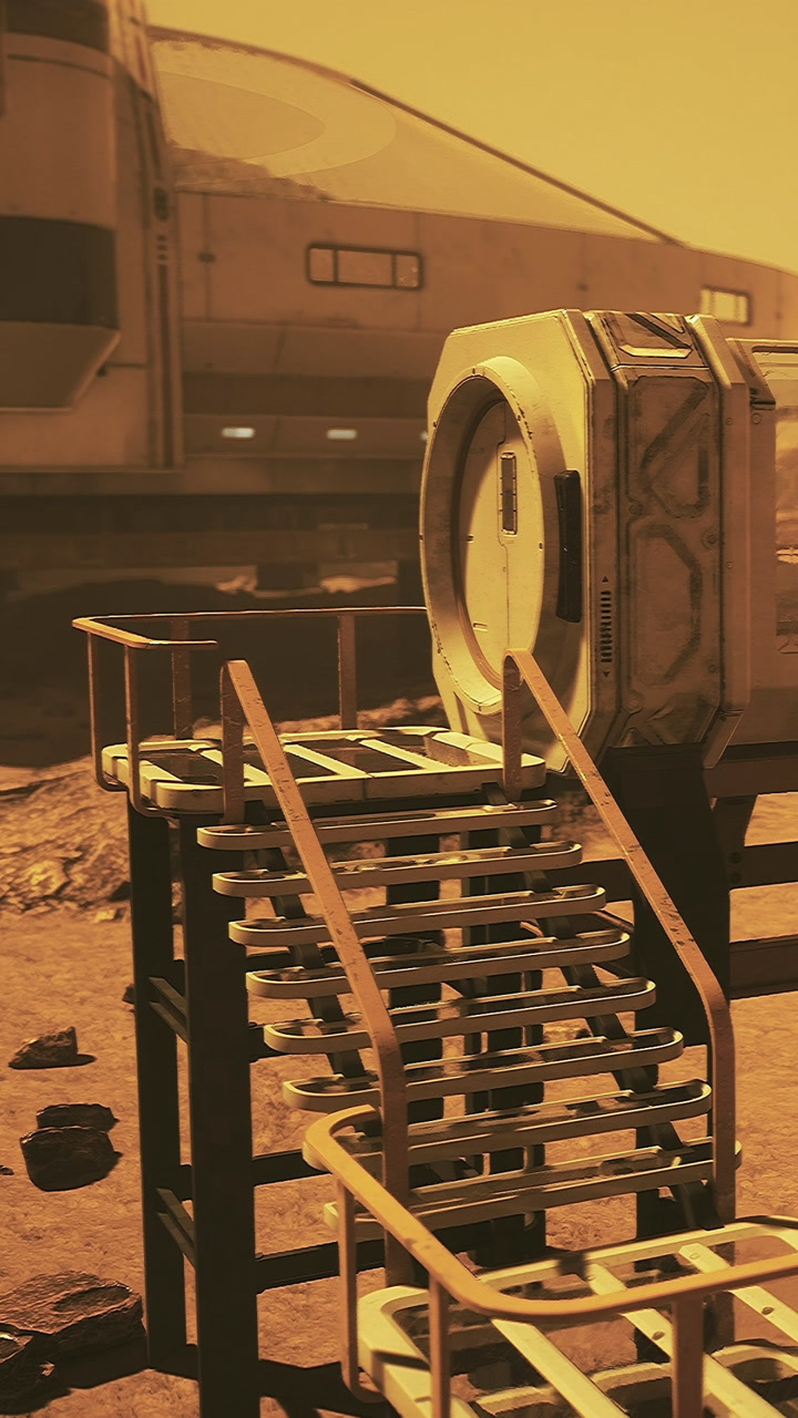 Stairs lead to a spacecraft on the surface of mars during a dusty day