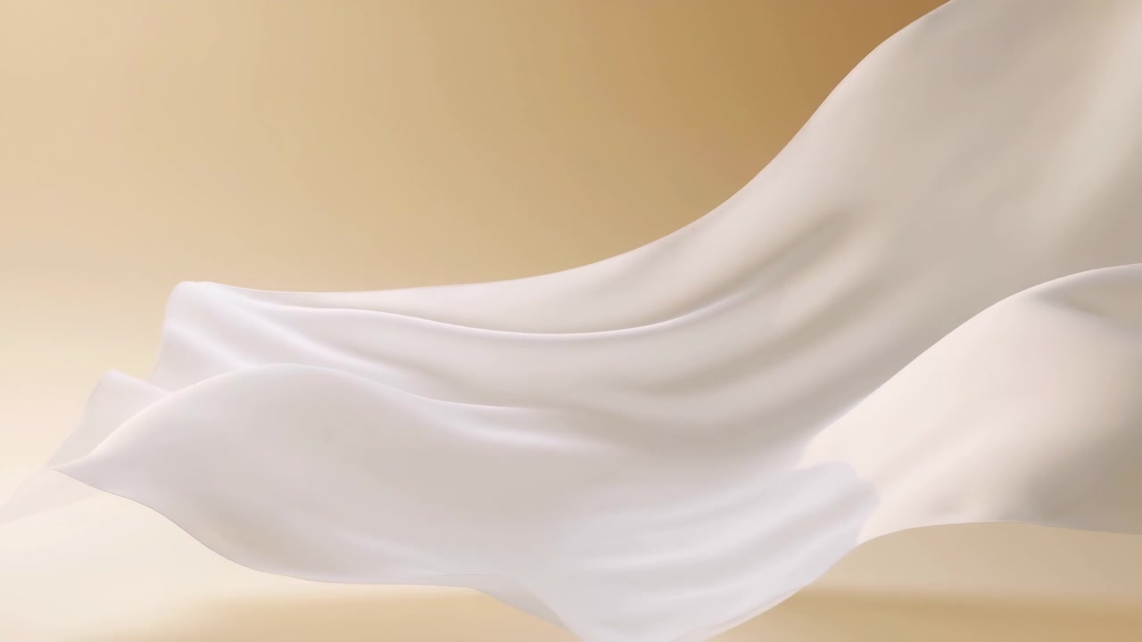 Wide panoramic motion scene of lightweight creamy silk or satin fabric suspended across lower and right areas of frame, sweeping diagonally from lower left toward upper right