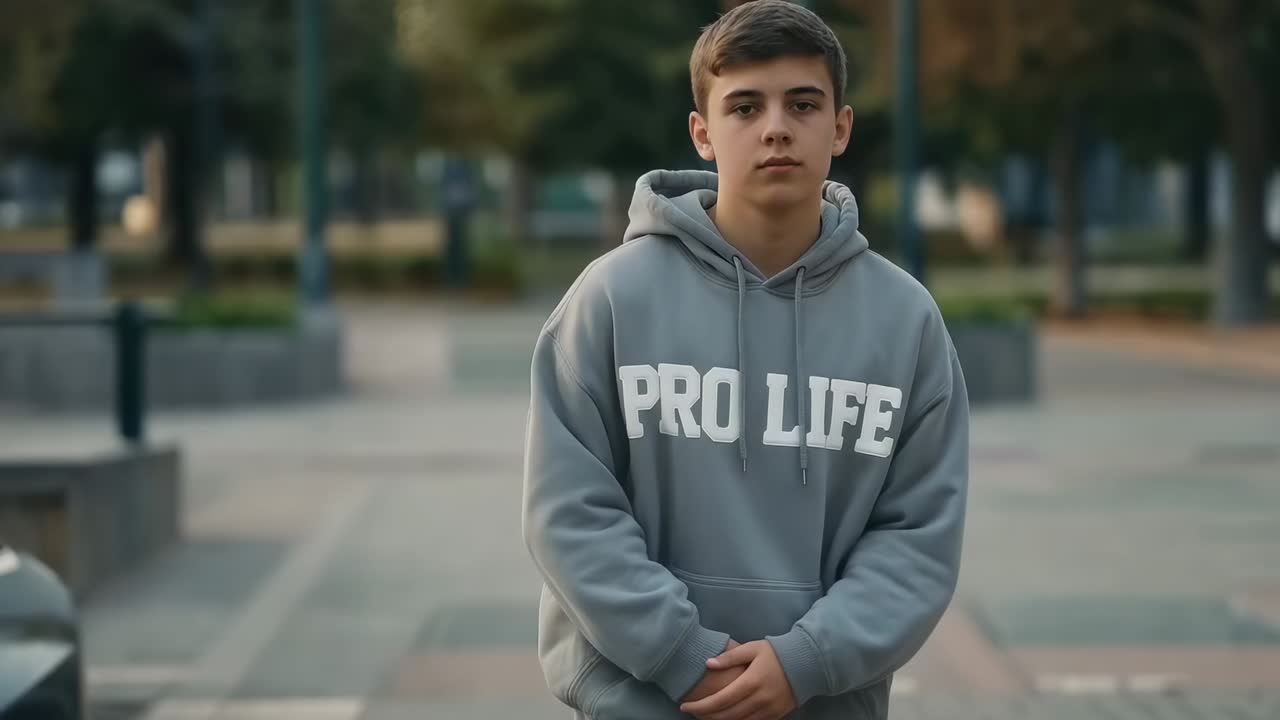 Avançando após uma pausa, adolescente do sexo masculino com moletom cinza exibindo texto PRO LIFE em uma praça