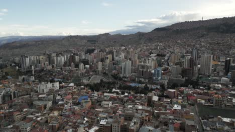 skyscraper slum, la paz bolivia sopocachi neighborhood aerial drone above latin city, altitude, andean cordillera mountain range background