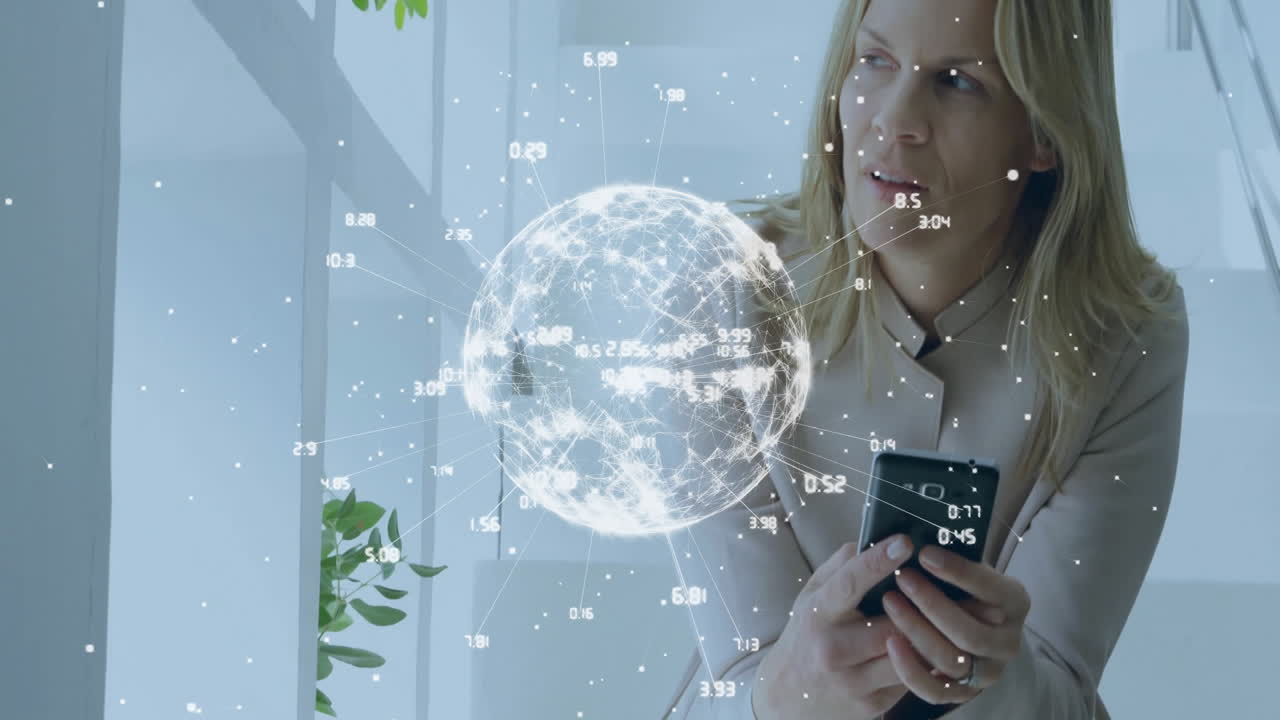 sosteniendo un teléfono inteligente, mujer con globo y puntos de datos animación en el fondo