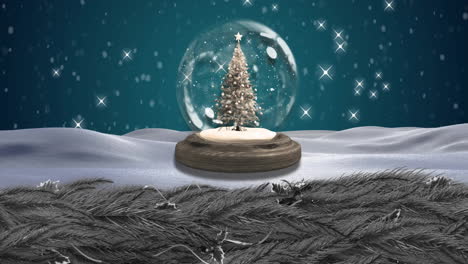 Animation-of-snow-falling-over-christmas-snow-globe-and-winter-scenery