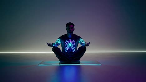 man meditating in cyberpunk style with glowing circuit design