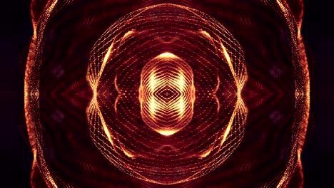 las partículas forman una línea, una cuadrícula de superficie o un misterioso espacio virtual. animación 3d sin costuras como fondo de ciencia ficción digital de partículas brillantes con profundidad de campo, bokeh. estructura circular de oro rojo
