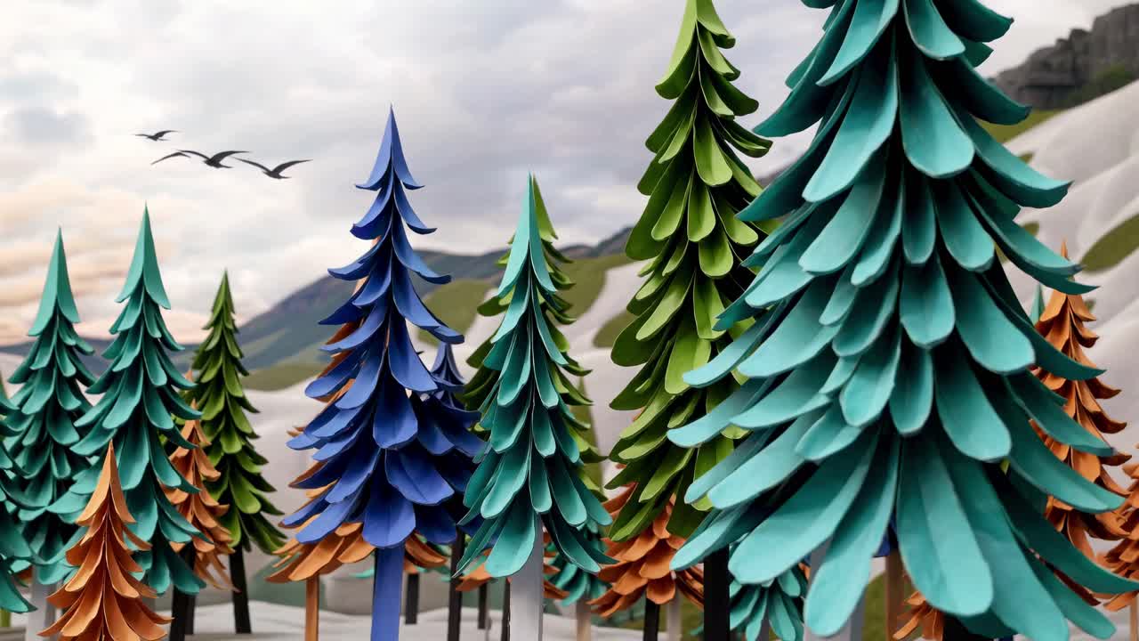 Whimsical video scene of colorful paper trees from a low-angle view, capturing a playful, artistic