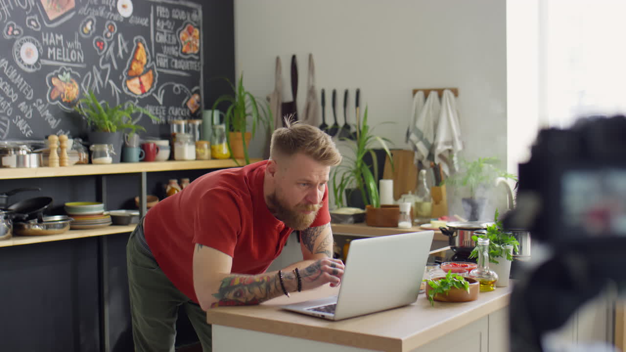 Food Blogger Video Calling on Laptop in Kitchen