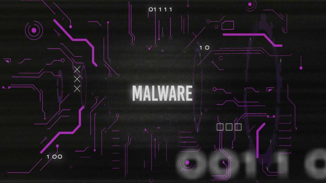 Binary code with abstract purple shapes creating digital malware animation concept