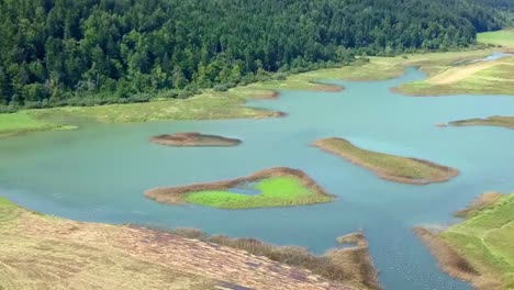 Vuelo-De-Drones-Sobre-El-Lago-En-Verano-Con-Mucha-Planta-De-Agua-En-El-Lago-Cerknica,-Río-Rak