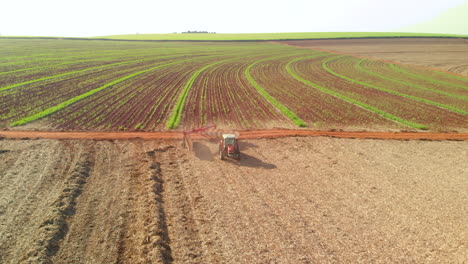 tractor raking sugar cane straw in the field