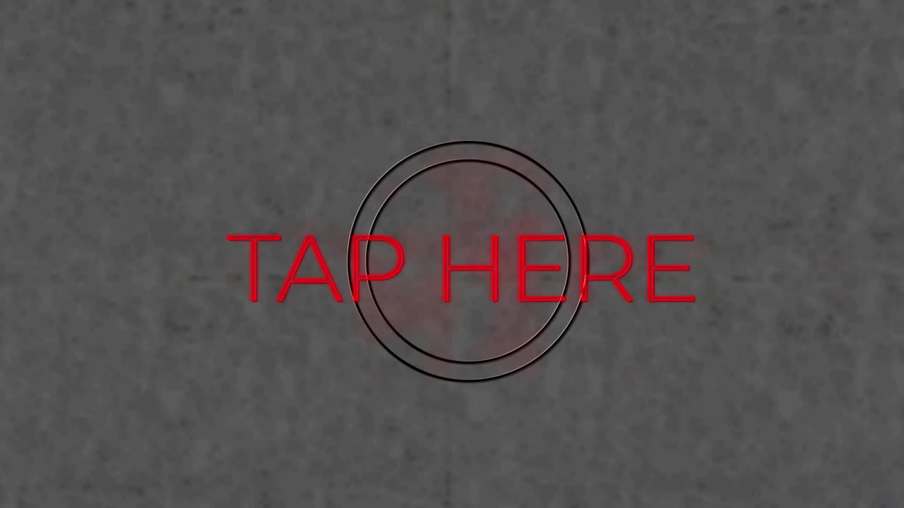 animación digital de neón rojo toque aquí banner de texto contra fondo gris texturizado