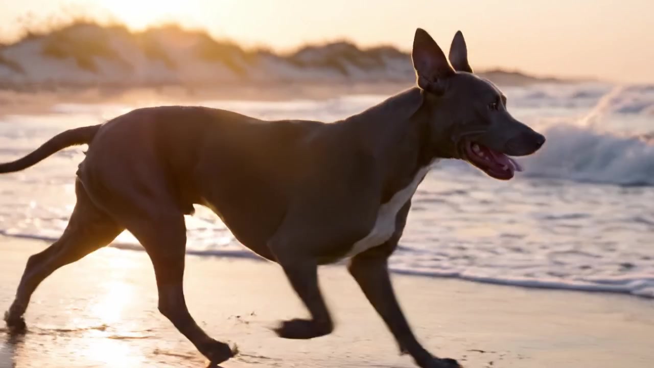 Un cane giocoso si gode una passeggiata al tramonto sulla spiaggia mentre le onde si infrangono dolcemente sulla riva, catturando la gioia della natura e il legame tra animale domestico e proprietario