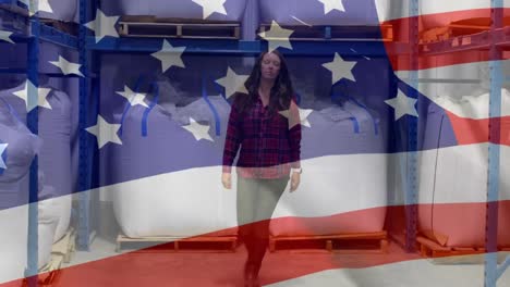 Animation-of-American-flag-waving-over-woman-in-the-background