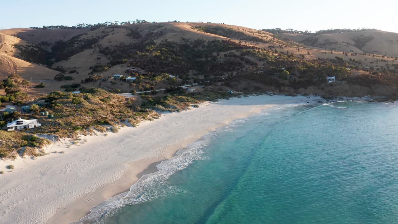 Drone view of pristine white sand Snelling Beach beach at sunset, Kangaroo Island, South Australia
