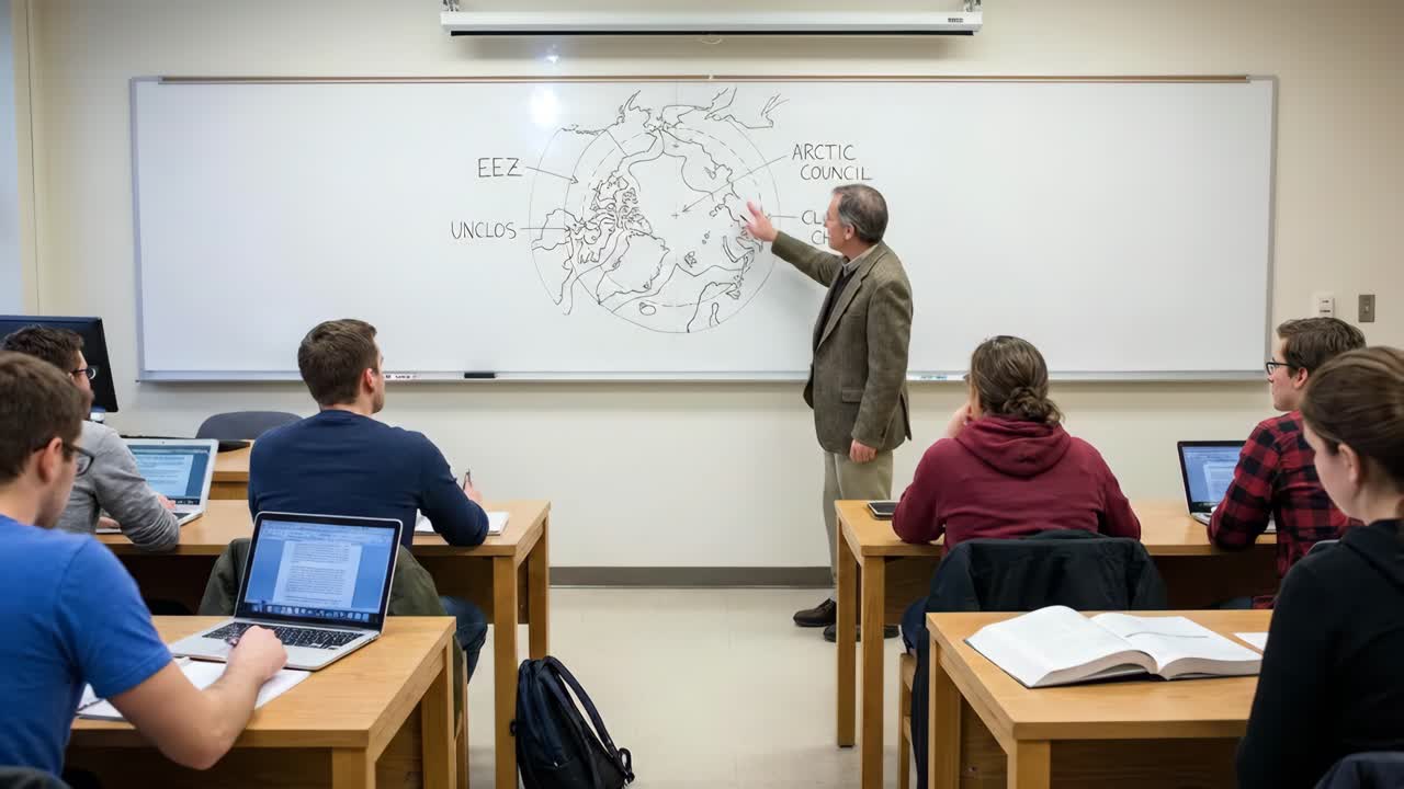 Un professore insegna agli studenti in un'aula universitaria con una mappa sulla lavagna bianca.